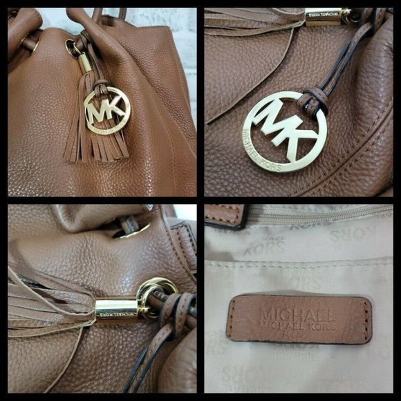 Michael Kors Astor Large Ring Brown Pebbled Leather Bucket Shoulder Bag Purse - Picture 10 of 12